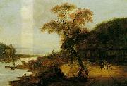 Jacob van der Does Landscape along a river with horsemen, possibly the Rhine. USA oil painting artist